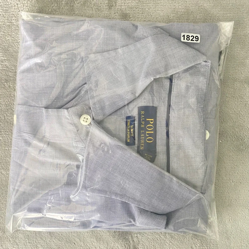 Polo Ralph Lauren Button Down Mens XXL‎ Blue Slim Fit Stretch Poplin Micro Check